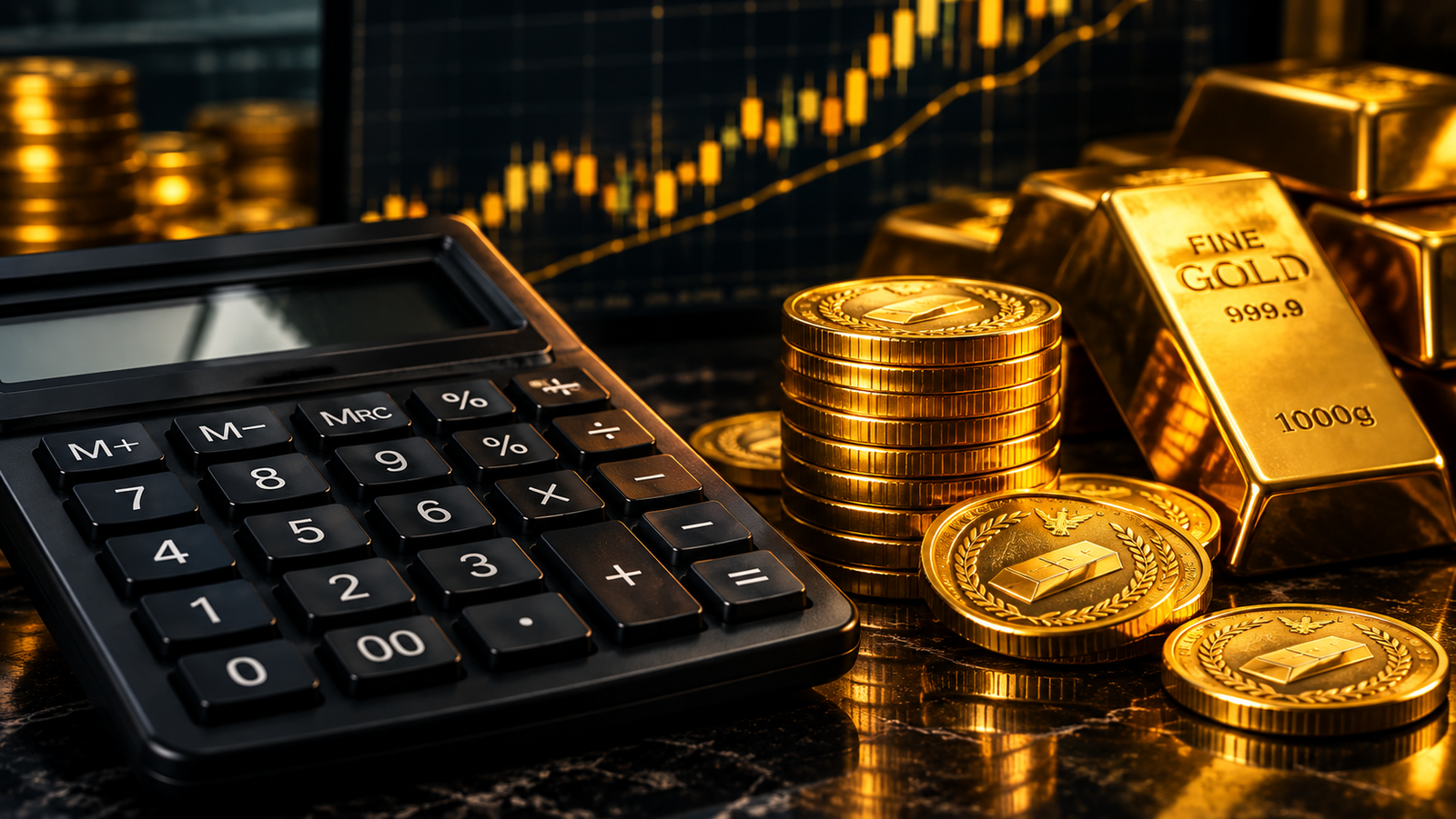 Gold coins and calculator for gold trading calculations